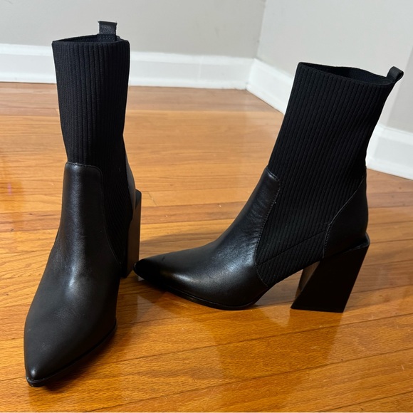 Steve Madden Tackle Black Leather Pointed-Toe Sock Boots - Picture 2 of 10